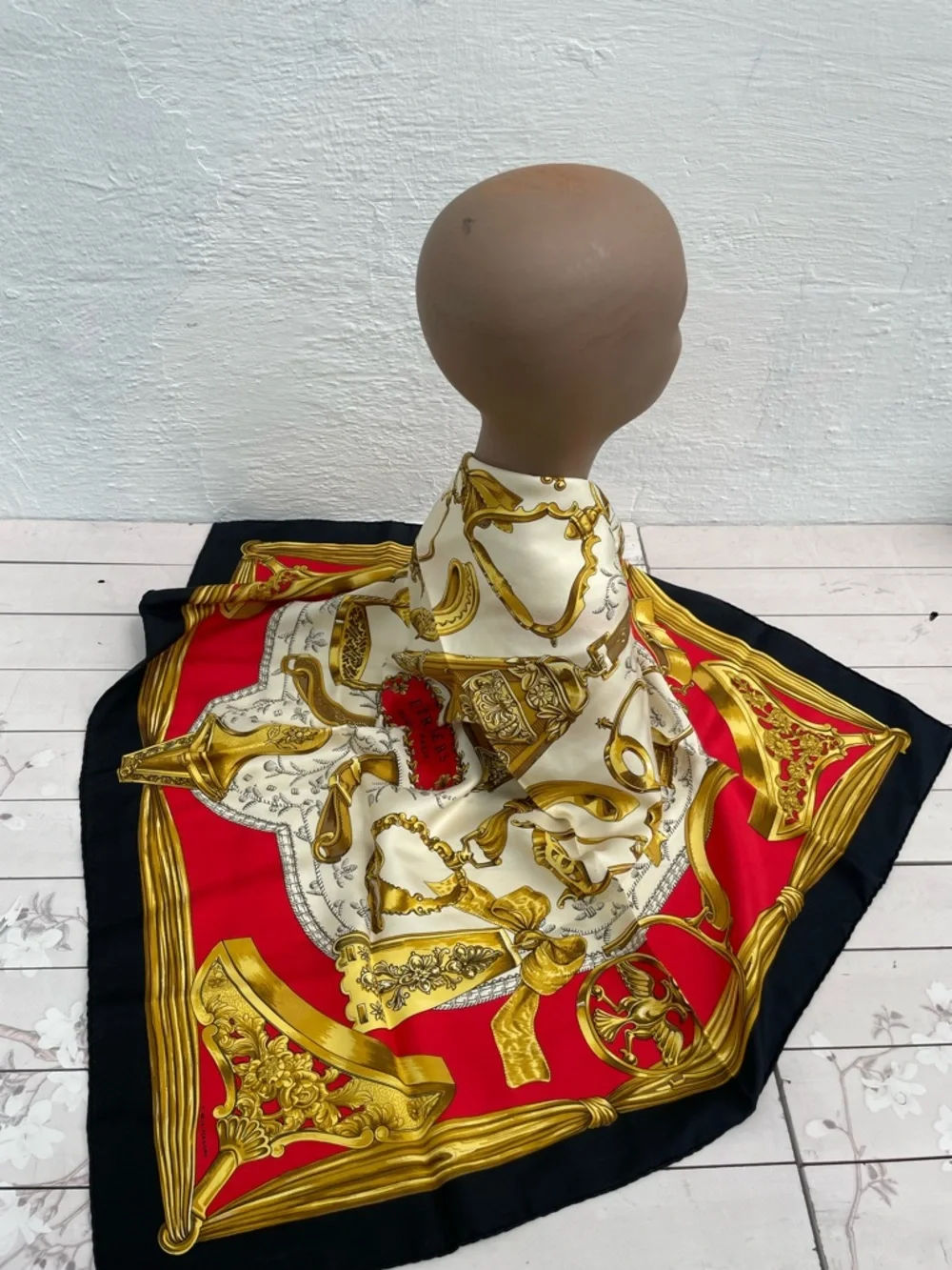 Hermes Red Black Cream Silk Scarf with Gold Equestrian Motifs - Picture 1 of 13